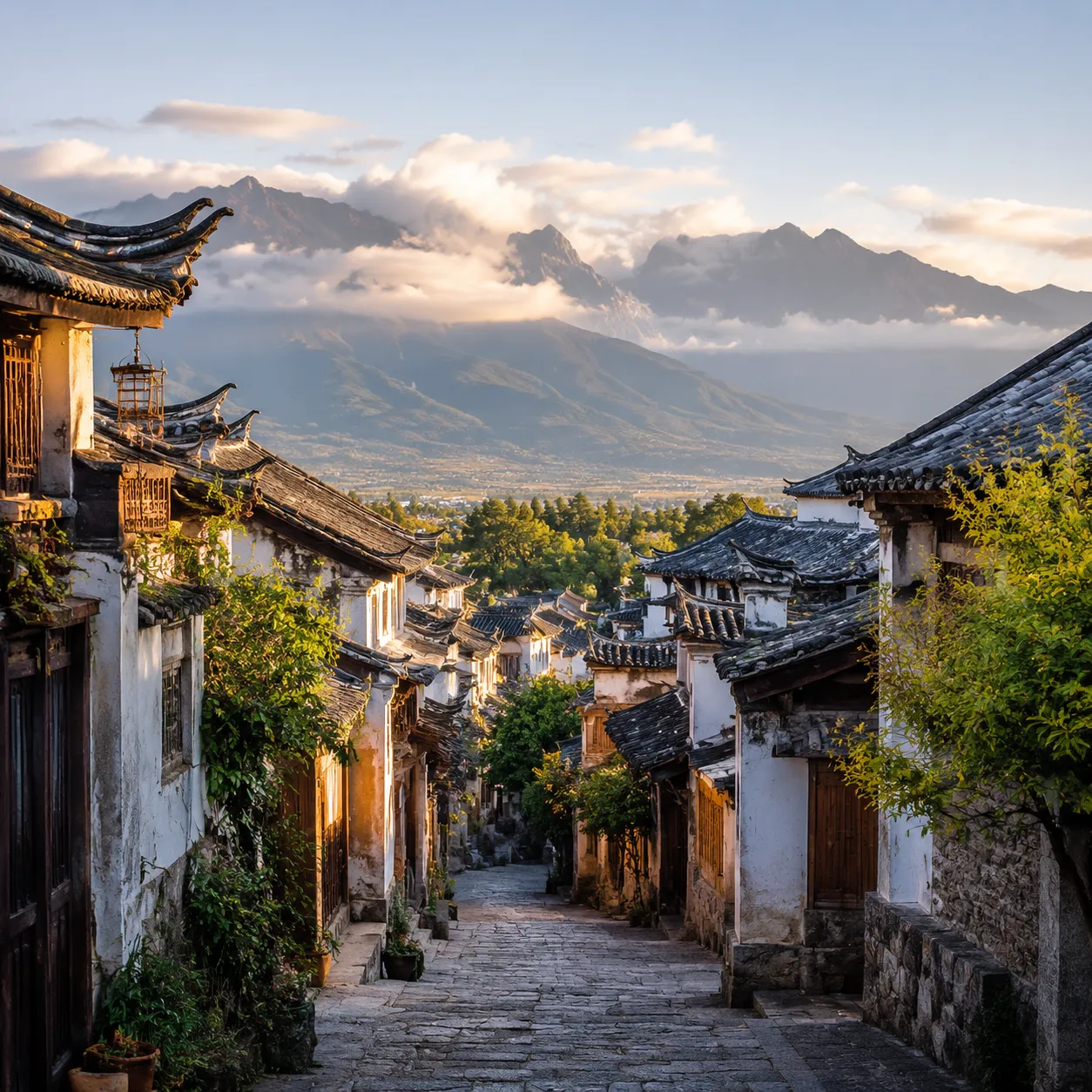 Dali Ancient City stone-paved streets with persimmon trees and traditional shops