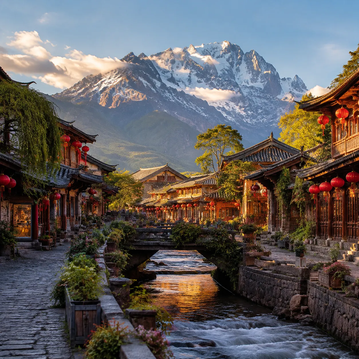 Lijiang ancient town lantern-lit cobblestone streets at dusk