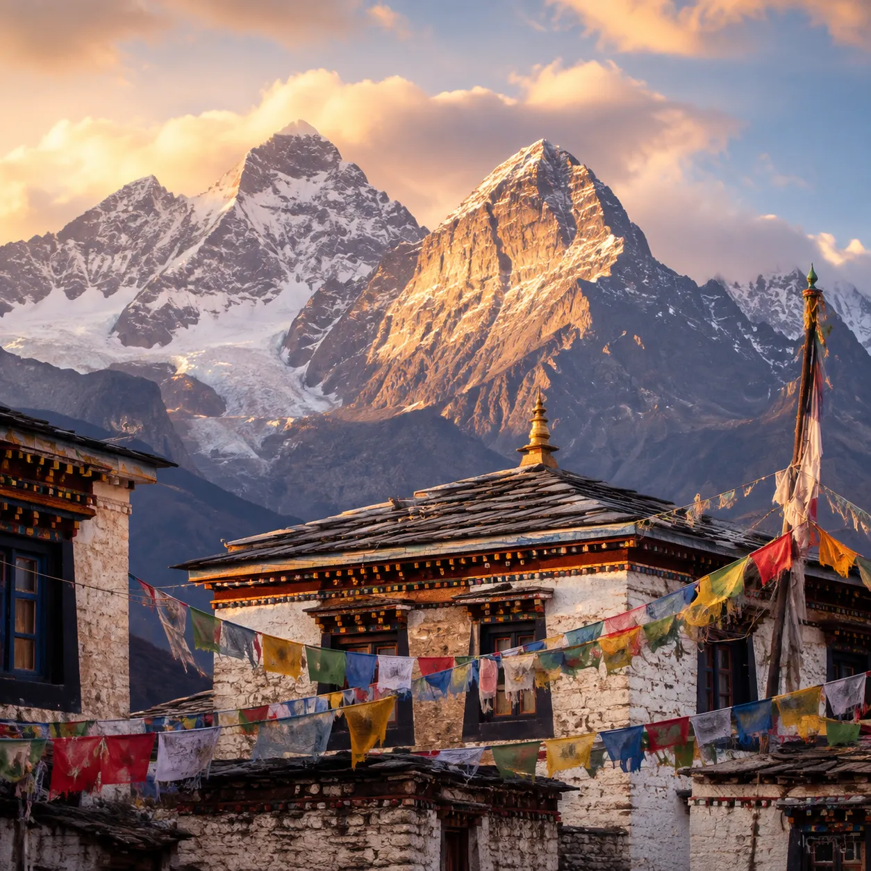 Traditional Tibetan homes with yak grazing on highland grassland, Shangri-La