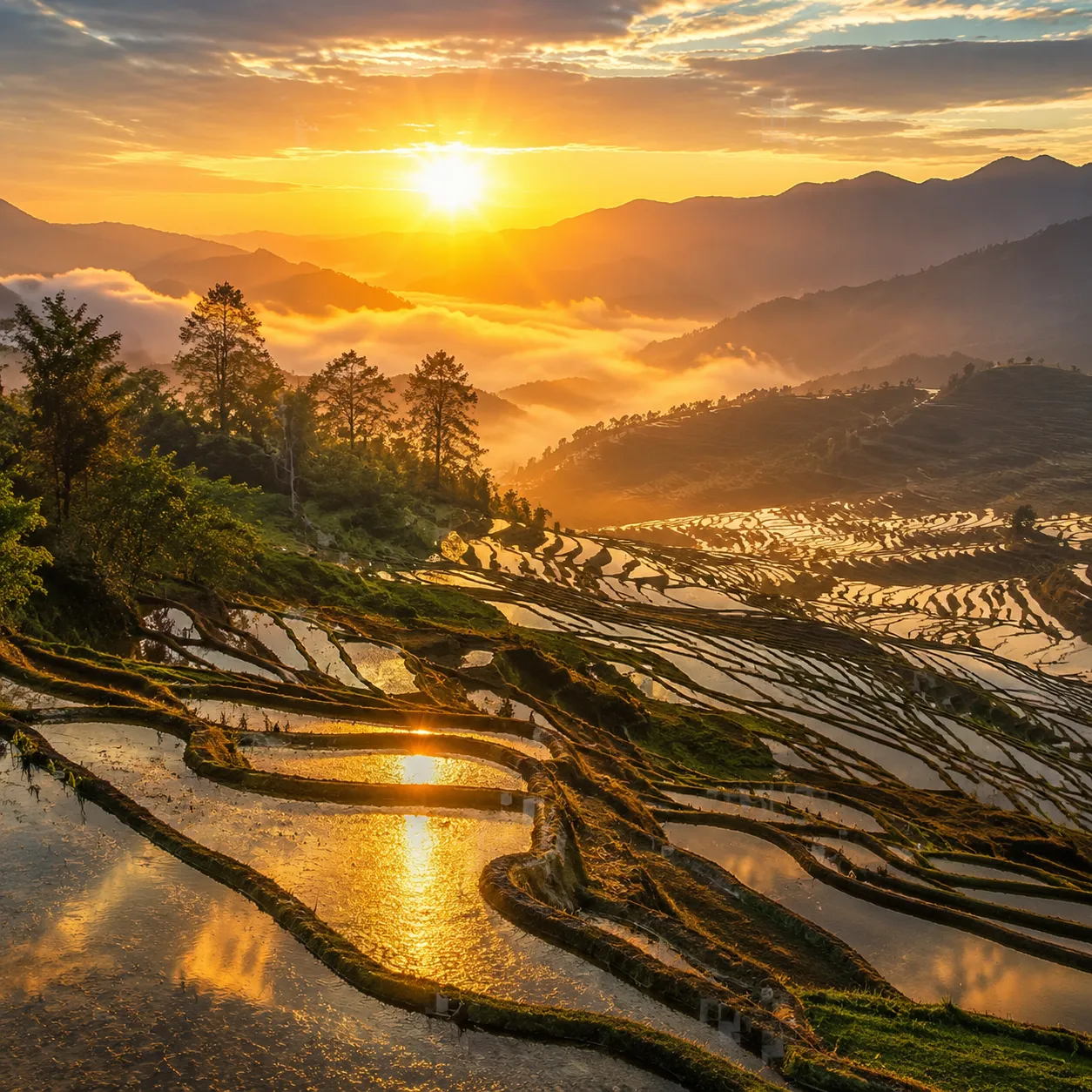 Yuanyang rice terraces reflecting dawn colors, Hani terraces